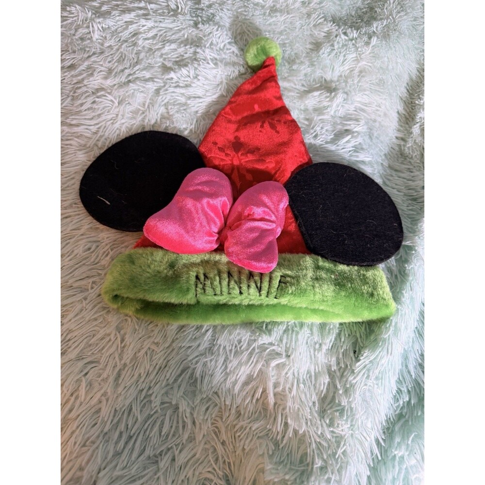 Minnie Mouse Ears Christmas Snowflake Santa Hat Pink Bow Green Trim Child Disney